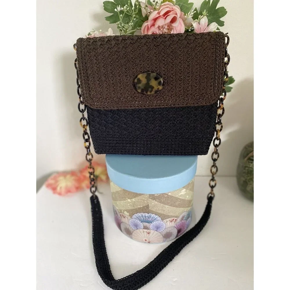 Christian Livingston Black Crochet Bag w Faux Tortoise Chain Strap Cross Body‎